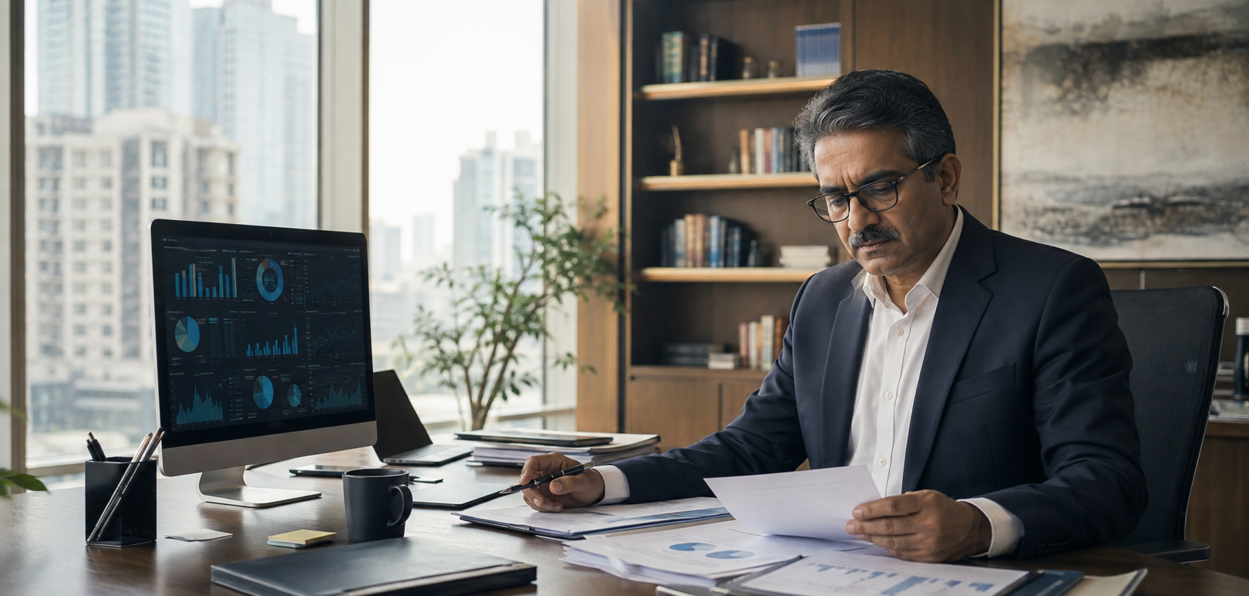 Indian CFO working at a desk